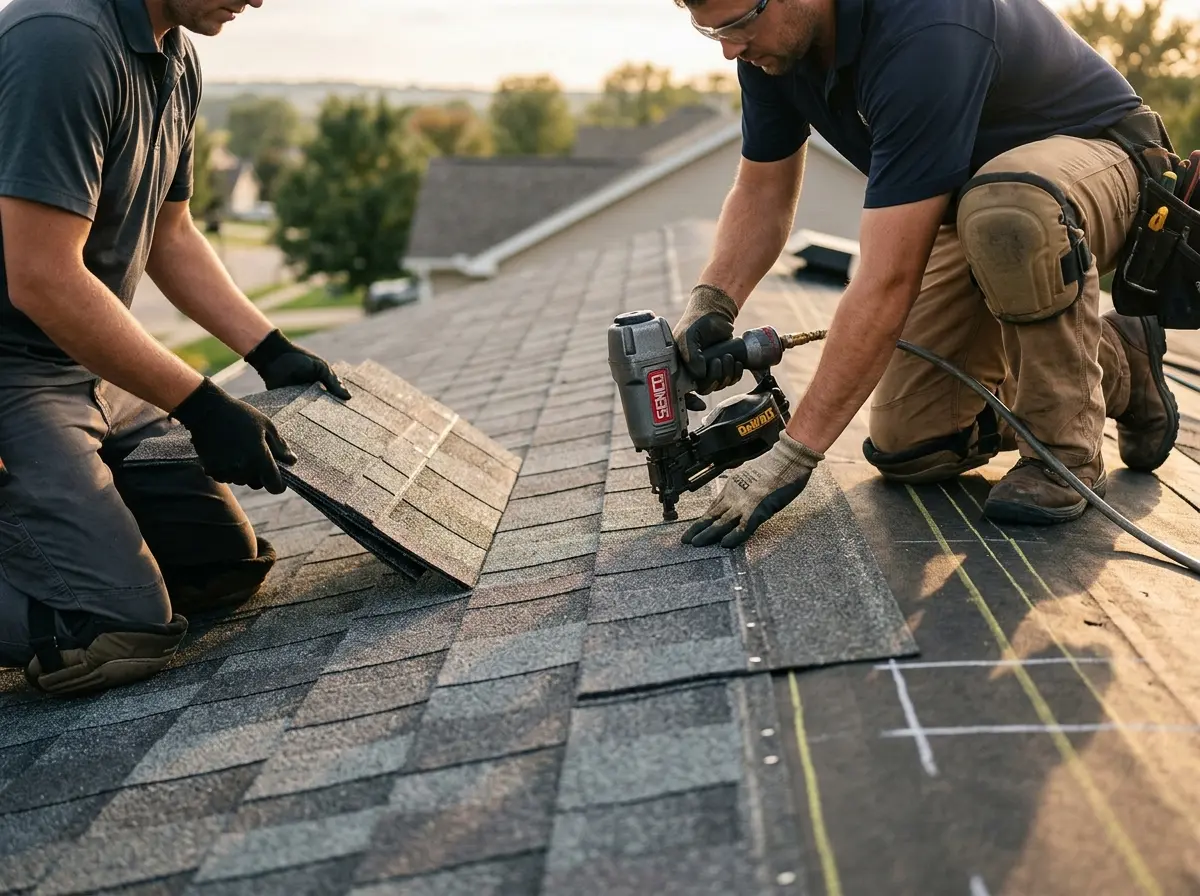 Professional roofer working on a residential roof in Marathon